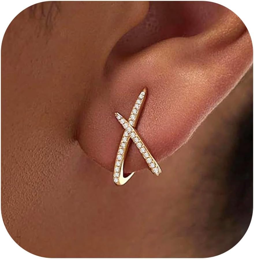 Detalle de HARJJME Ohrstecker Silber 925 Damen, 14K Vergoldet – Minimalistisches X-Design