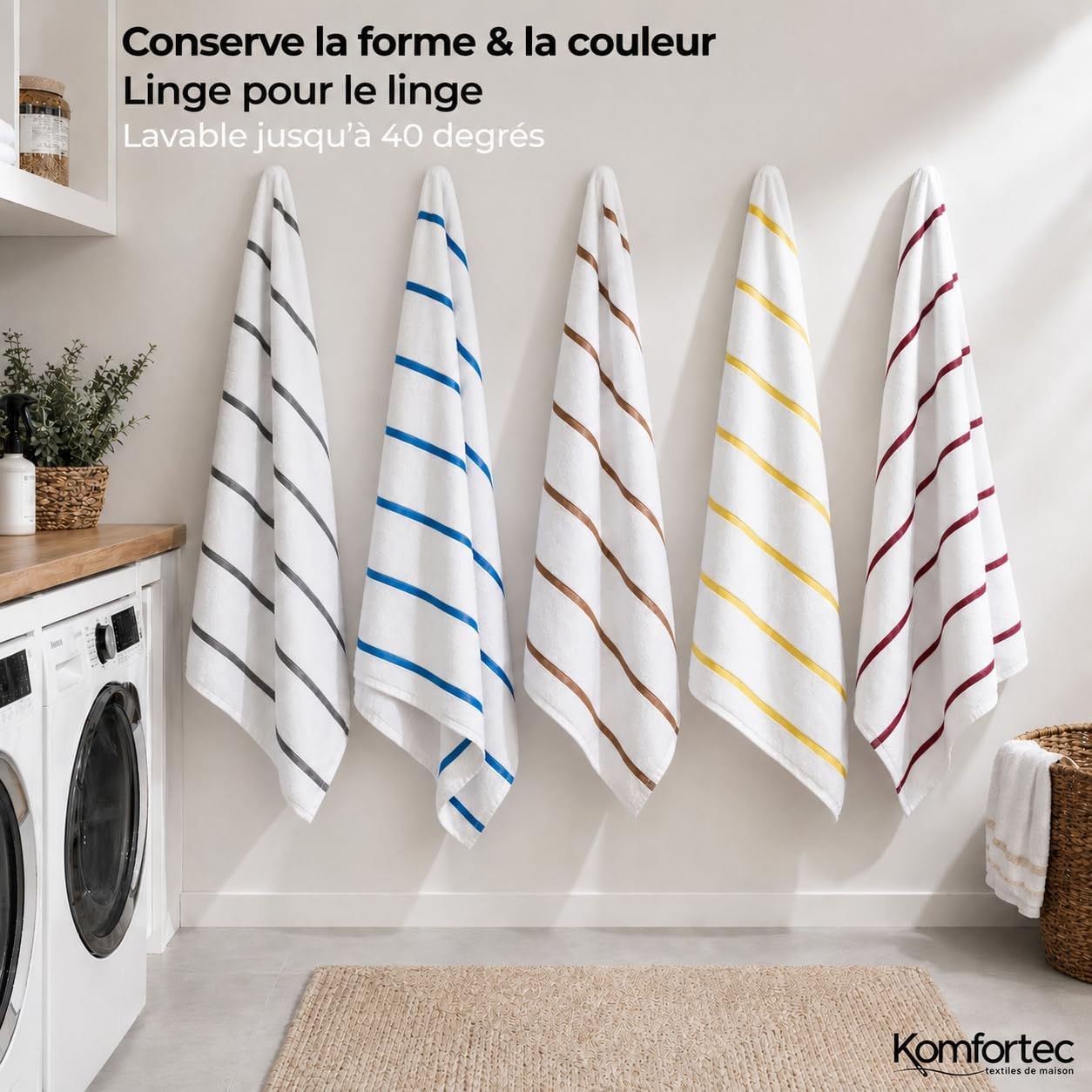 Thumbnail 6 de Komfortec Serviette de Plage 100 x 180 cm en coton à rayures – grand drap de bain, douceur absorbante