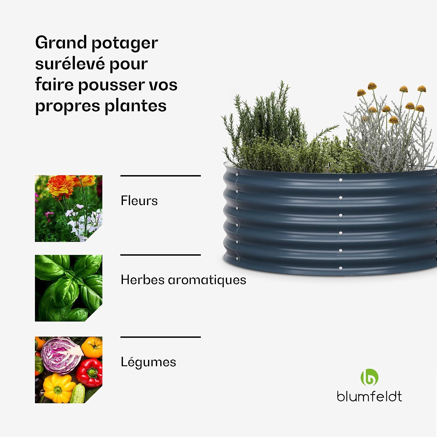 Detalle 2 de blumfeldt High Grow verhoogd bloembed, halfrond, 200 l, antraciet, 43 cm
