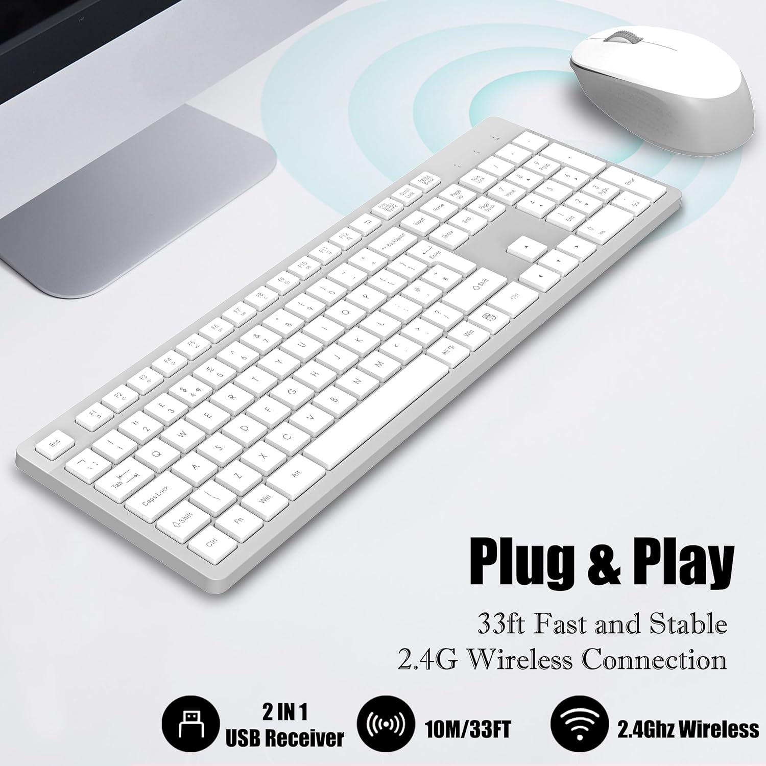Detalle de LeadsaiL Wireless Keyboard and Mouse Set (UK layout) – Full Size, Ergonomic Stand, Noiseless Click, 12 Shortcuts, White & Grey