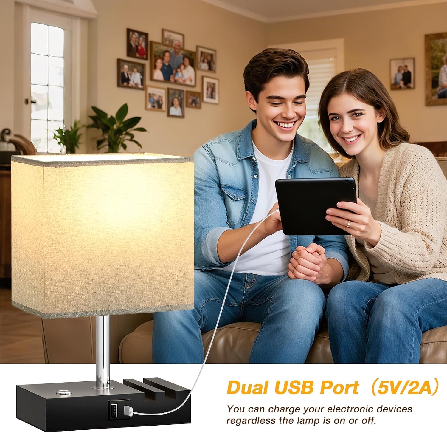 Detalle de PreeOtti Grey Touch Lamp with USB Charging Station – Table Lamp with 2 USB Ports