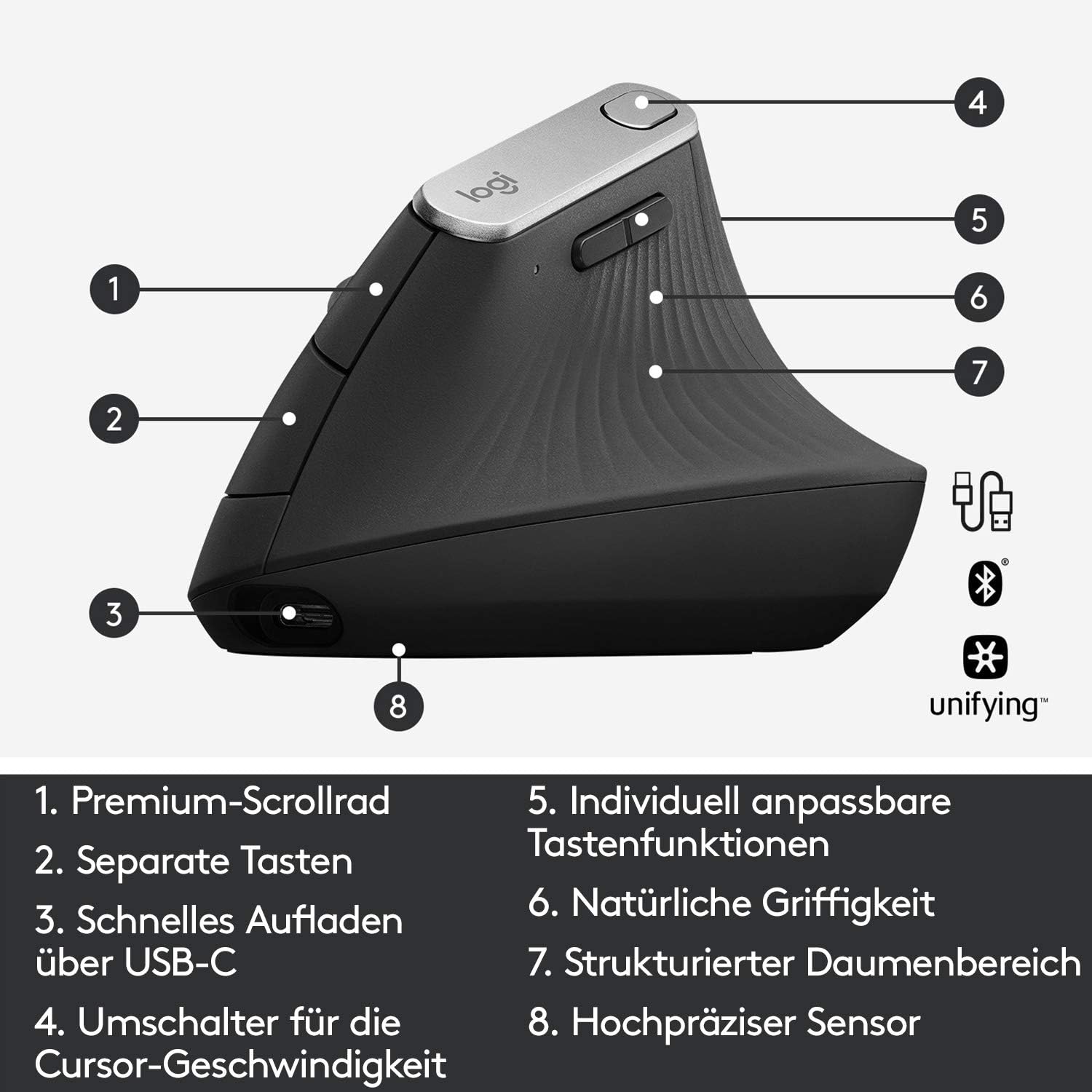 Thumbnail 6 de Logitech MX Vertical: Ergonomische kabellose Maus mit hoher Präzision und Multi-Device-Fähigkeiten (Graphit)