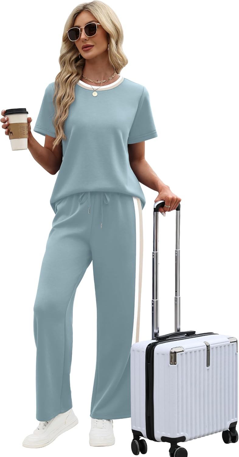 Detalle de WIHOLL 2 Piece Lounge Set for Women — Lightweight Spacer Fabric, Short Sleeve Top & Wide Leg Pants with Pockets