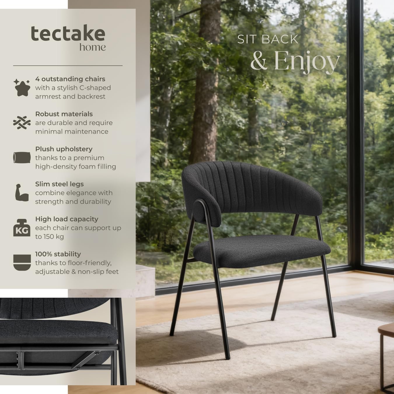 Detalle 2 de tectake Bedano 405515 matstolar, 4-pack med quiltmönster och C-format ryggstöd