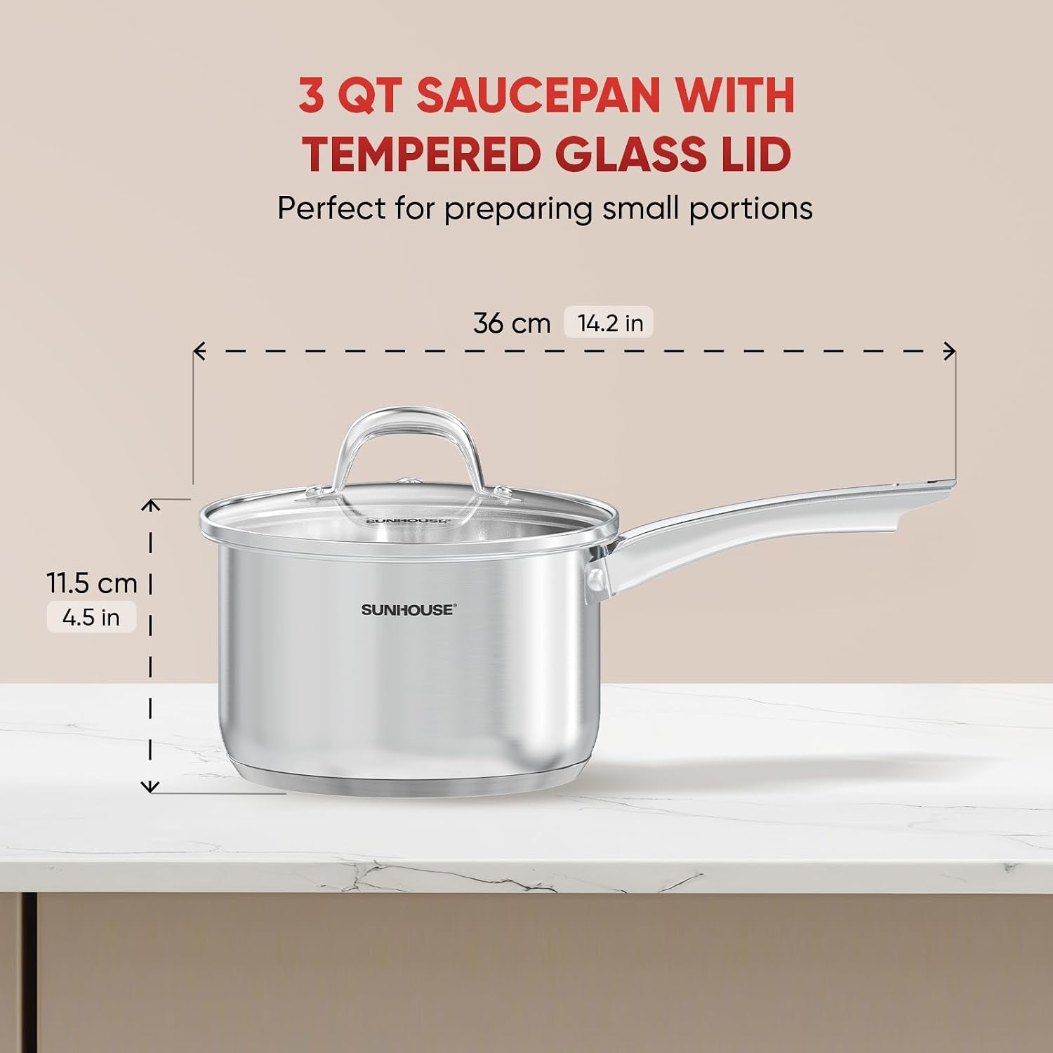 Detalle 2 de SUNHOUSE 3-Quart Stainless Steel Saucepan with Lid