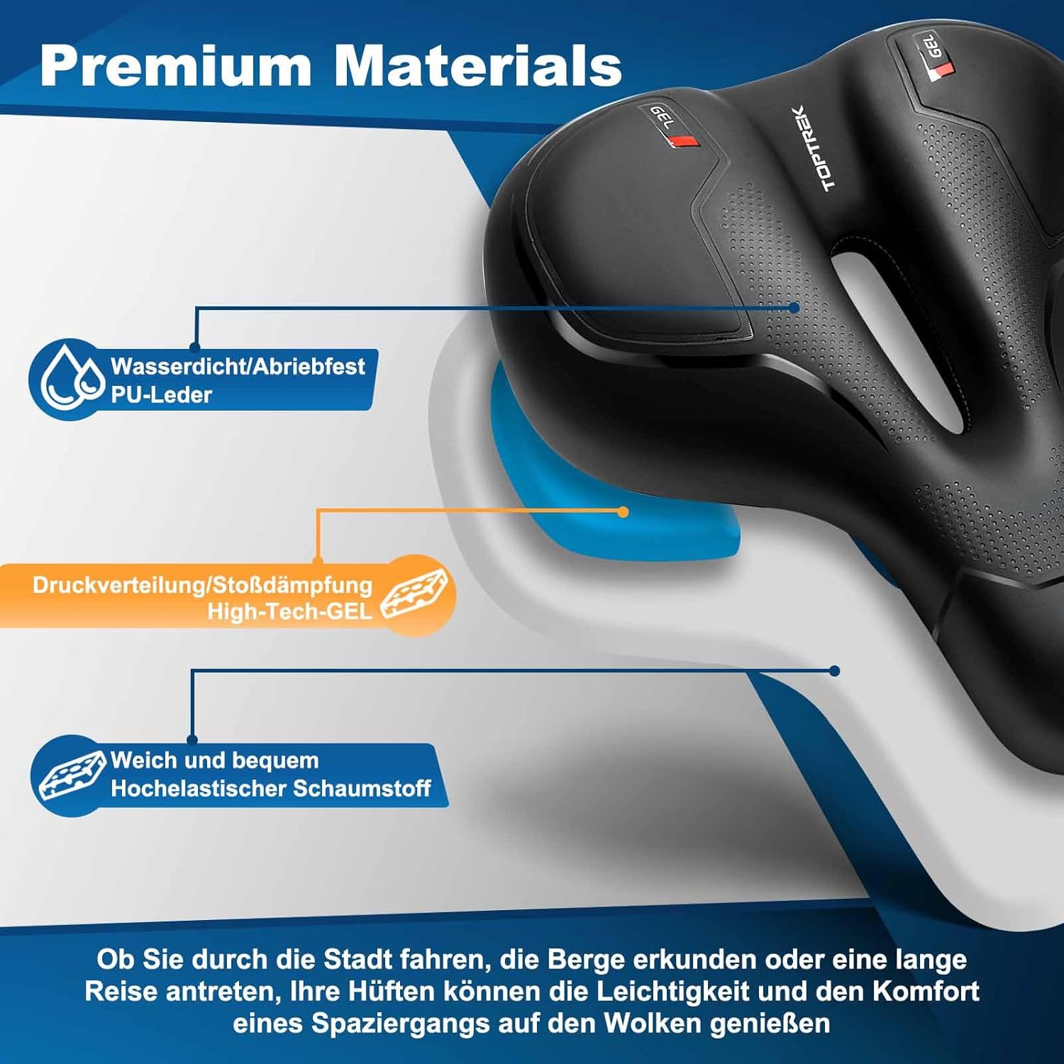 Detalle de toptrek Fahrradsattel für Damen & Herren – bequemer, ergonomischer Gel-Sattel mit Stoßdämpfung