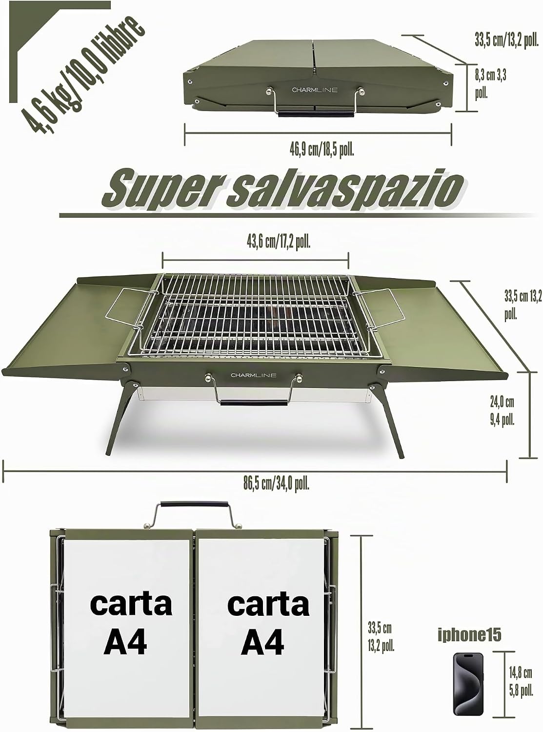 Detalle de Charmline barbecue portatile da tavolo in carbonella 51x35 cm verde