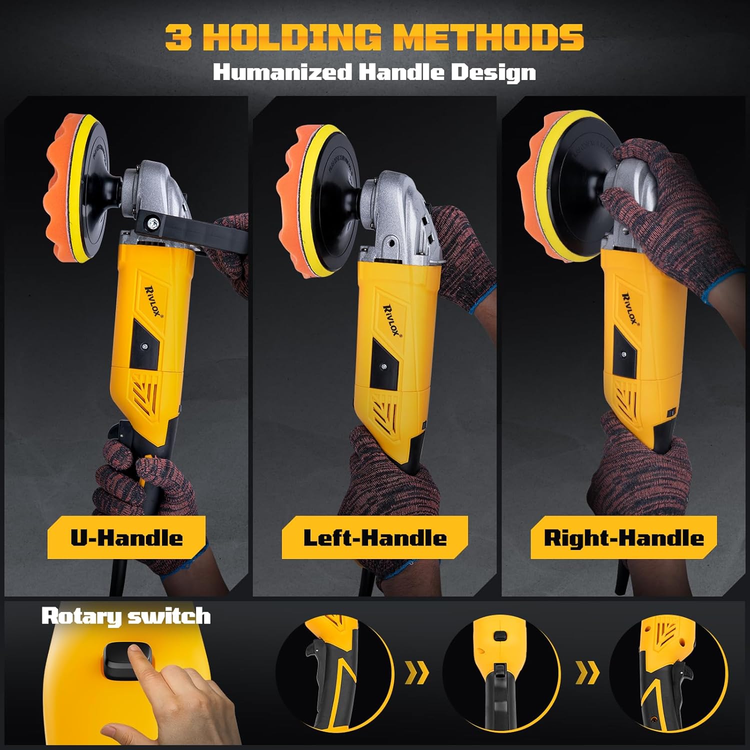 Thumbnail 3 de Rivlox 1600W Rotary Car Polisher & Buffer Kit (5/6/7 inch) with 7-Speed Control, Pads and Caps Included