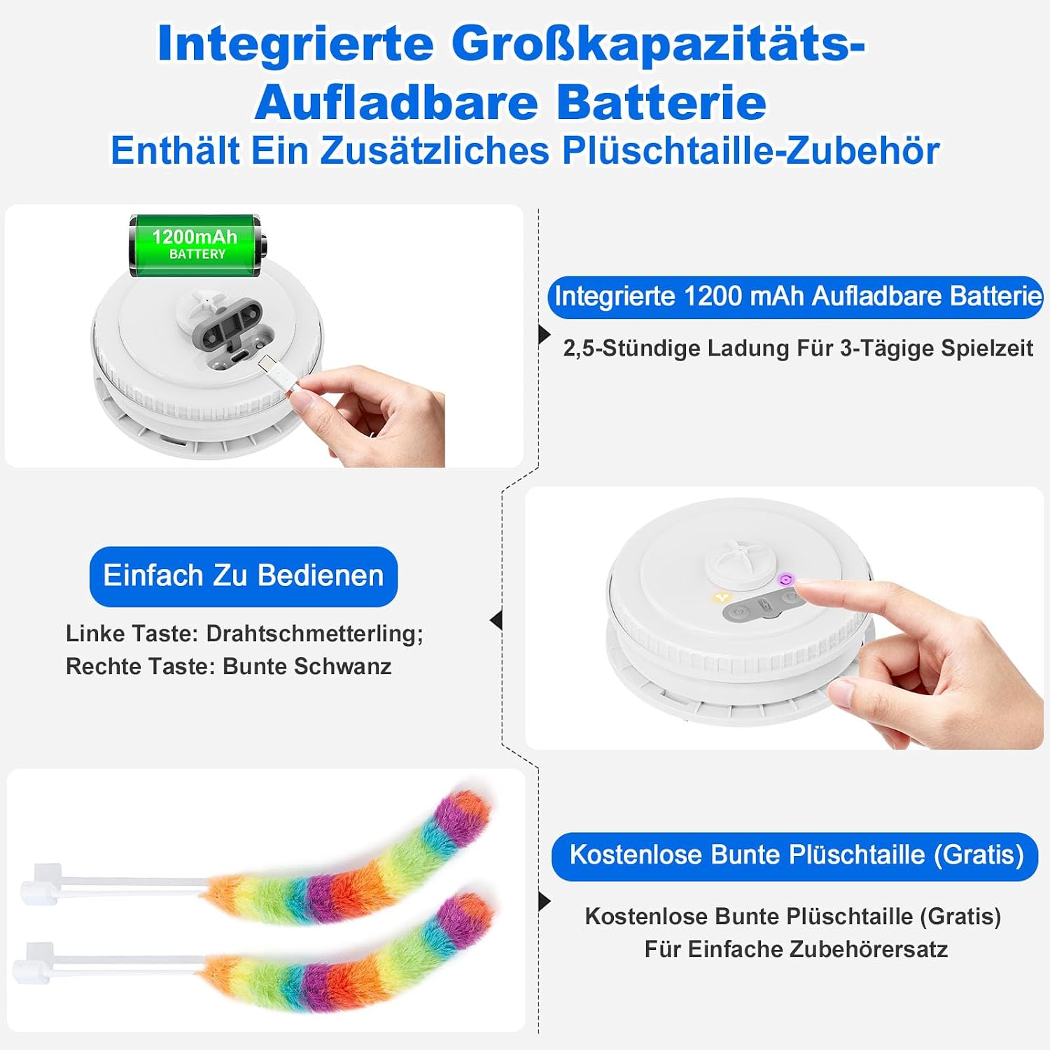 Thumbnail 4 de Qraxond interaktives Katzenspielzeug für Wohnungskatzen – wiederaufladbares Versteckspiel mit flatterndem Spielzeug (Blau)
