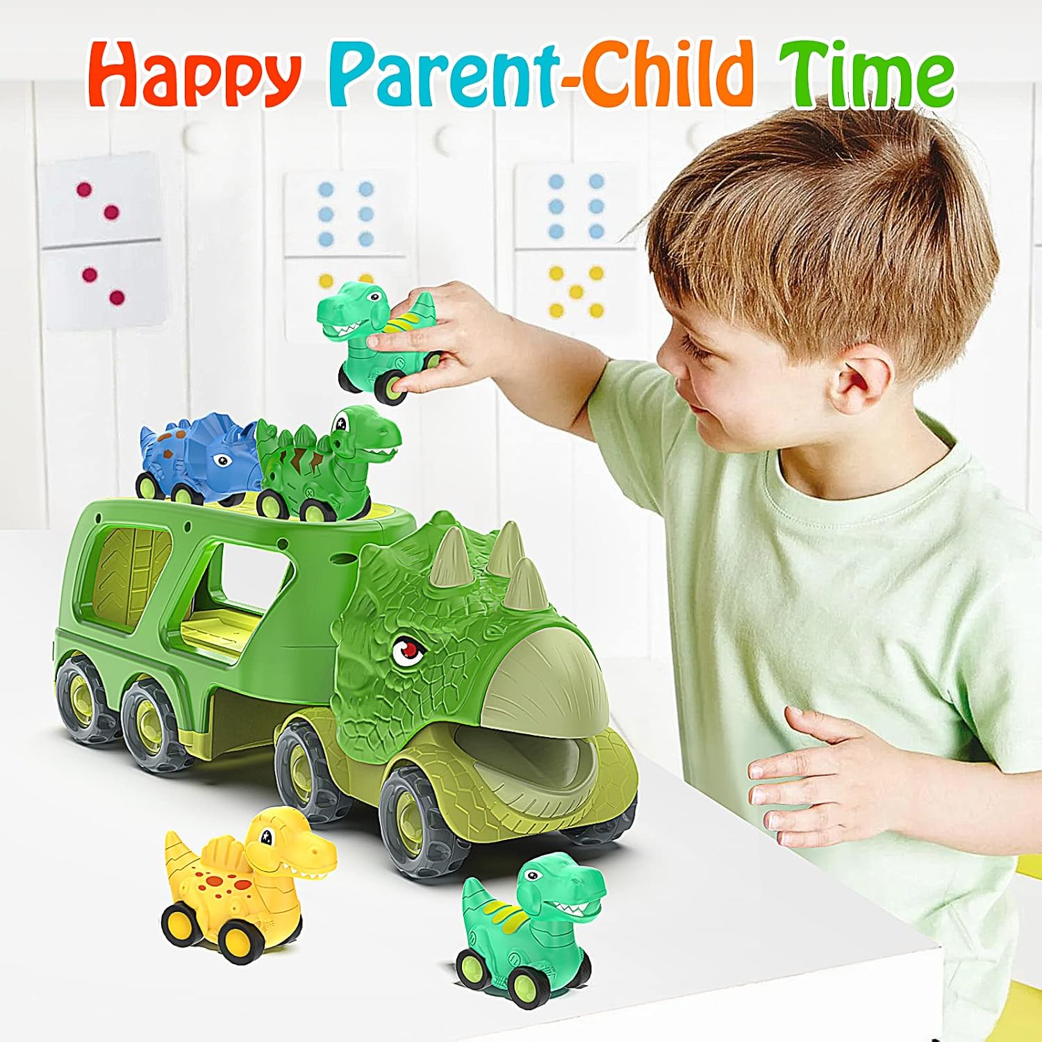 Detalle 2 de Veslier XTC103 Dinosaur Truck Toy with 4 Pull-Back Cars, Lights and Sounds
