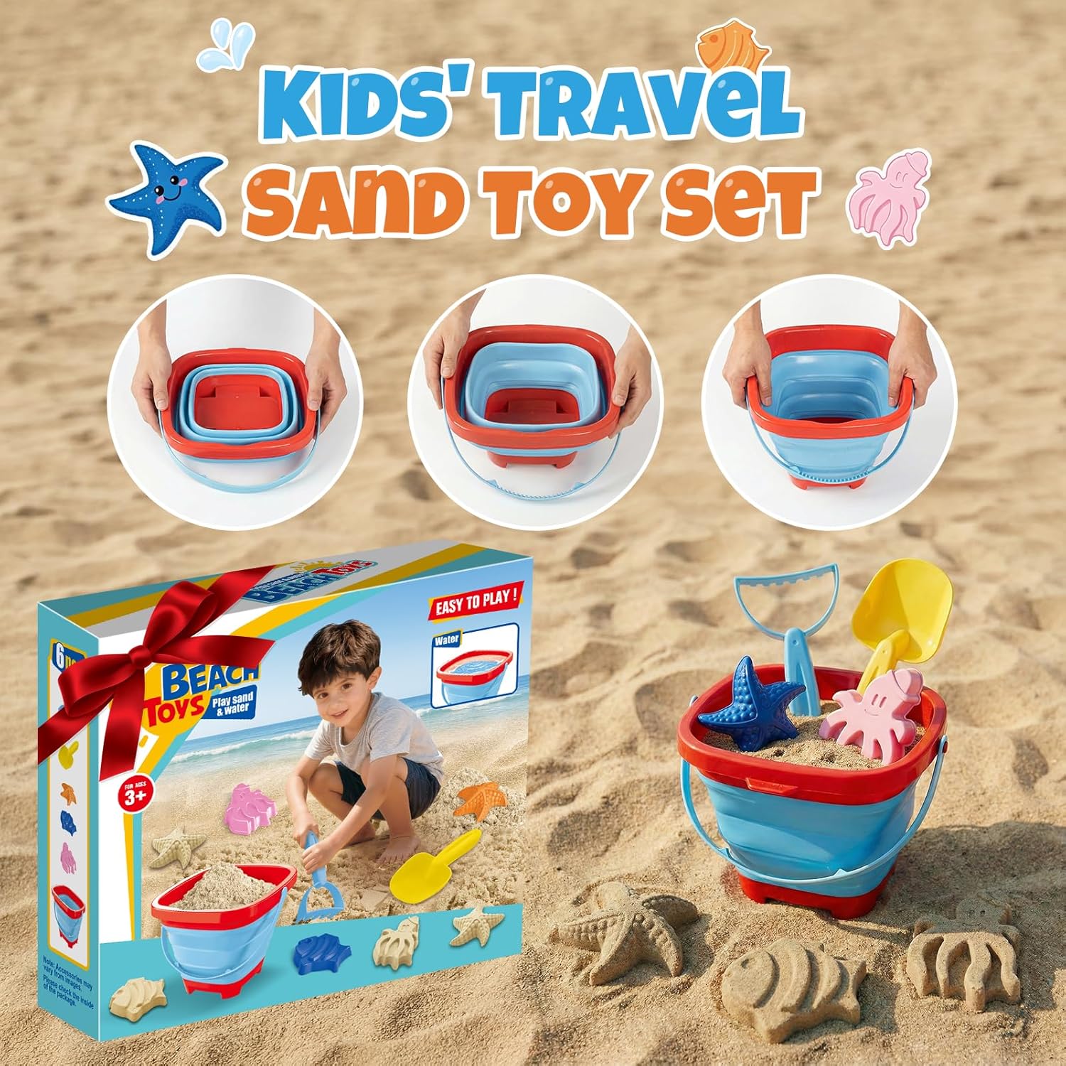Detalle de Beach Toy Set for Children with Collapsible Sand Bucket, Shovel, Rake, Moulds & Mesh Storage Bag (Ages 3–10)