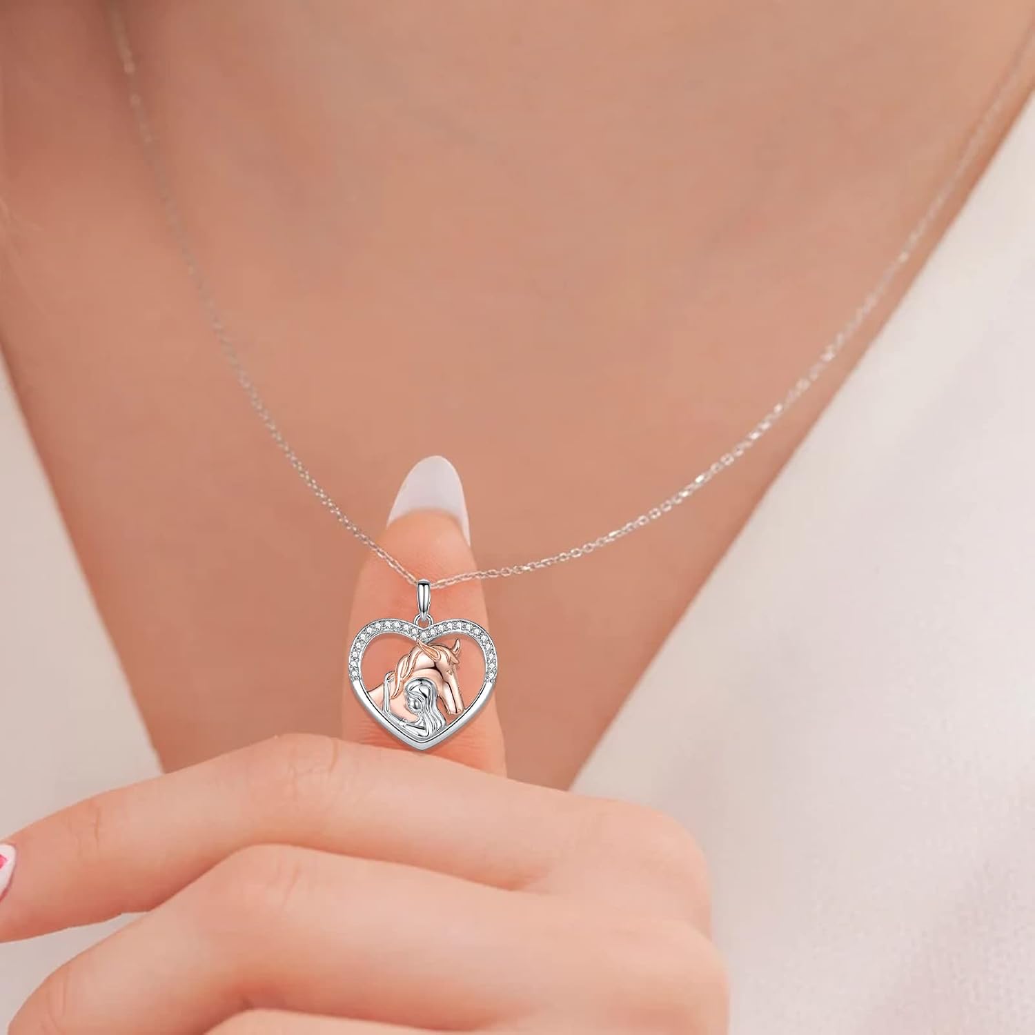 Detalle de USEEDOVIA Herz-Halskette für Mädchen – 925 Silber Weißgold/Rosegold, Pferde-Mädchen Geschenk mit Geschenkbox