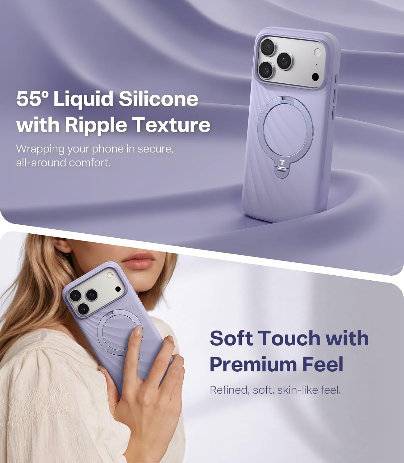 Thumbnail 1 de TORRAS Q3 Wind Silicone Case for iPhone 17 Pro Max with MagSafe, 360 Spin Stand, Lilac Haze