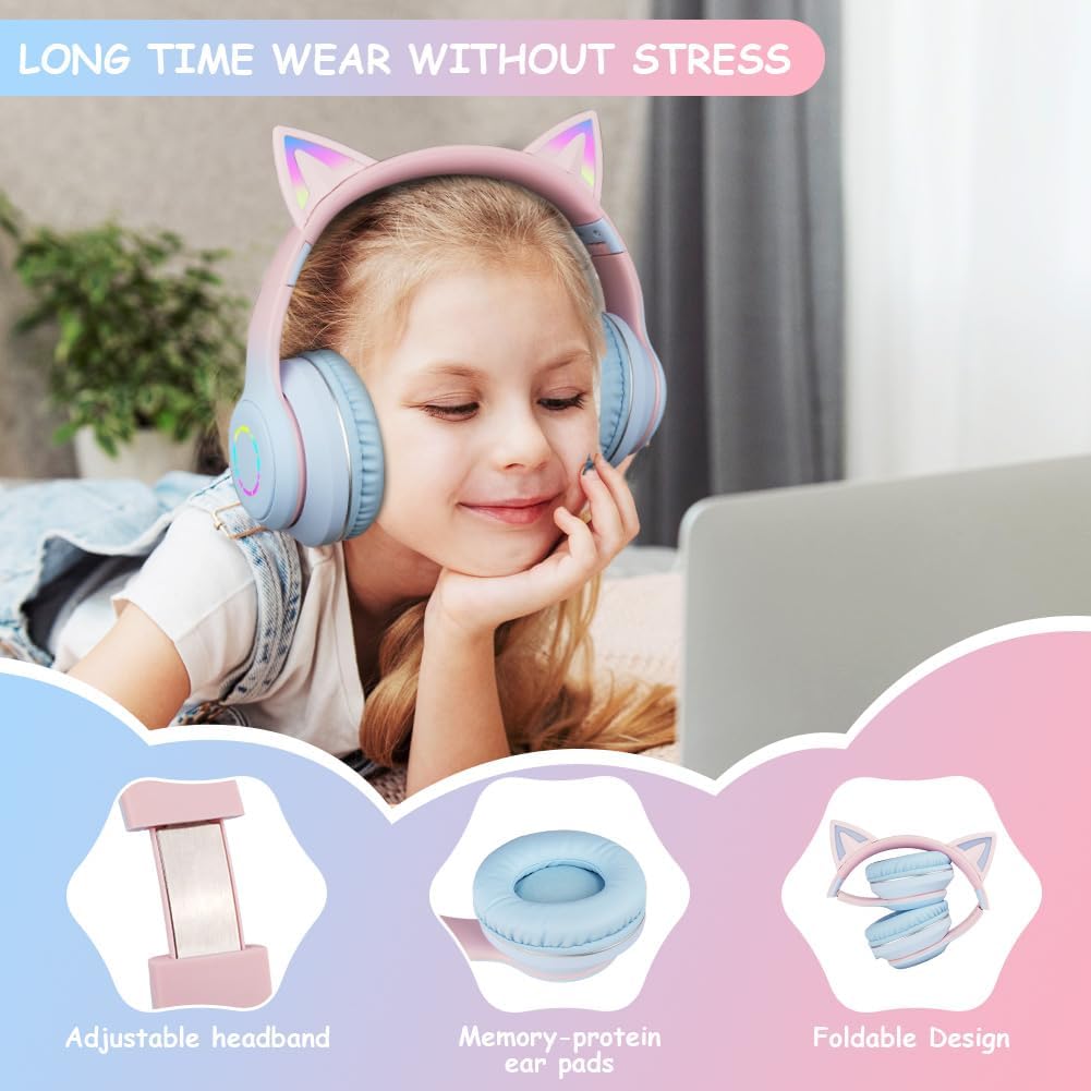Thumbnail 3 de AXFEE Kinder-Kopfhörer mit Katzenohren – Bluetooth Over-Ear, LED, faltbar, Mikrofon, SD/TF, 105 dB Sicherung (Blau)