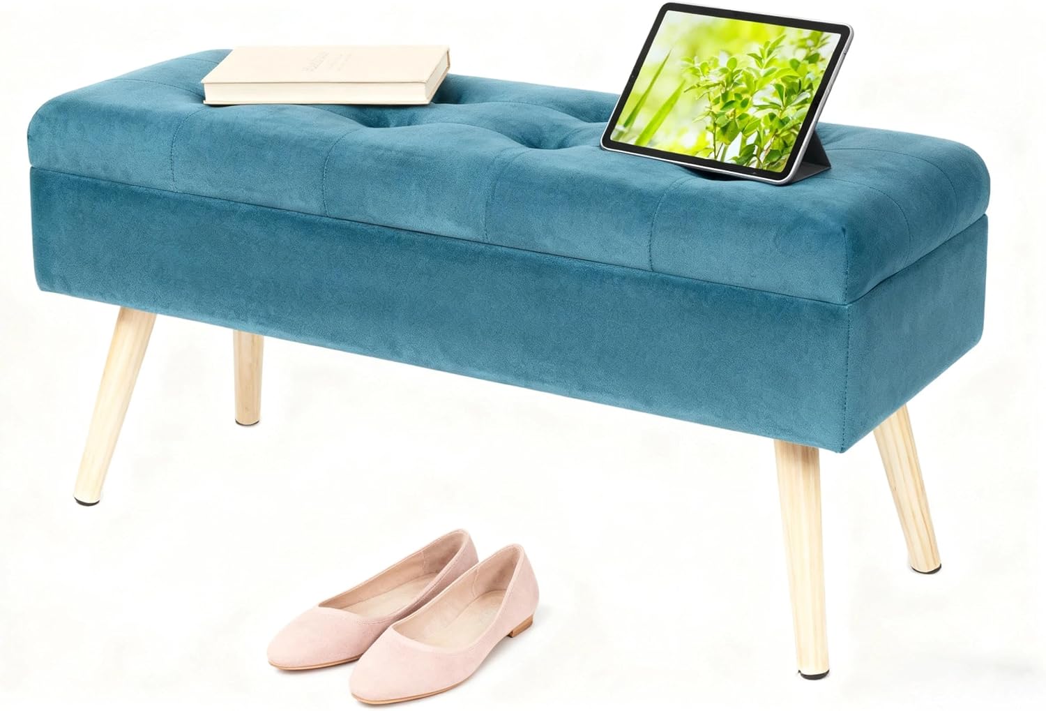 Thumbnail 6 de Hawthyhome Banc avec Espace de Rangement 80 × 35 × 43 cm, Gris – Velours et piètements bois