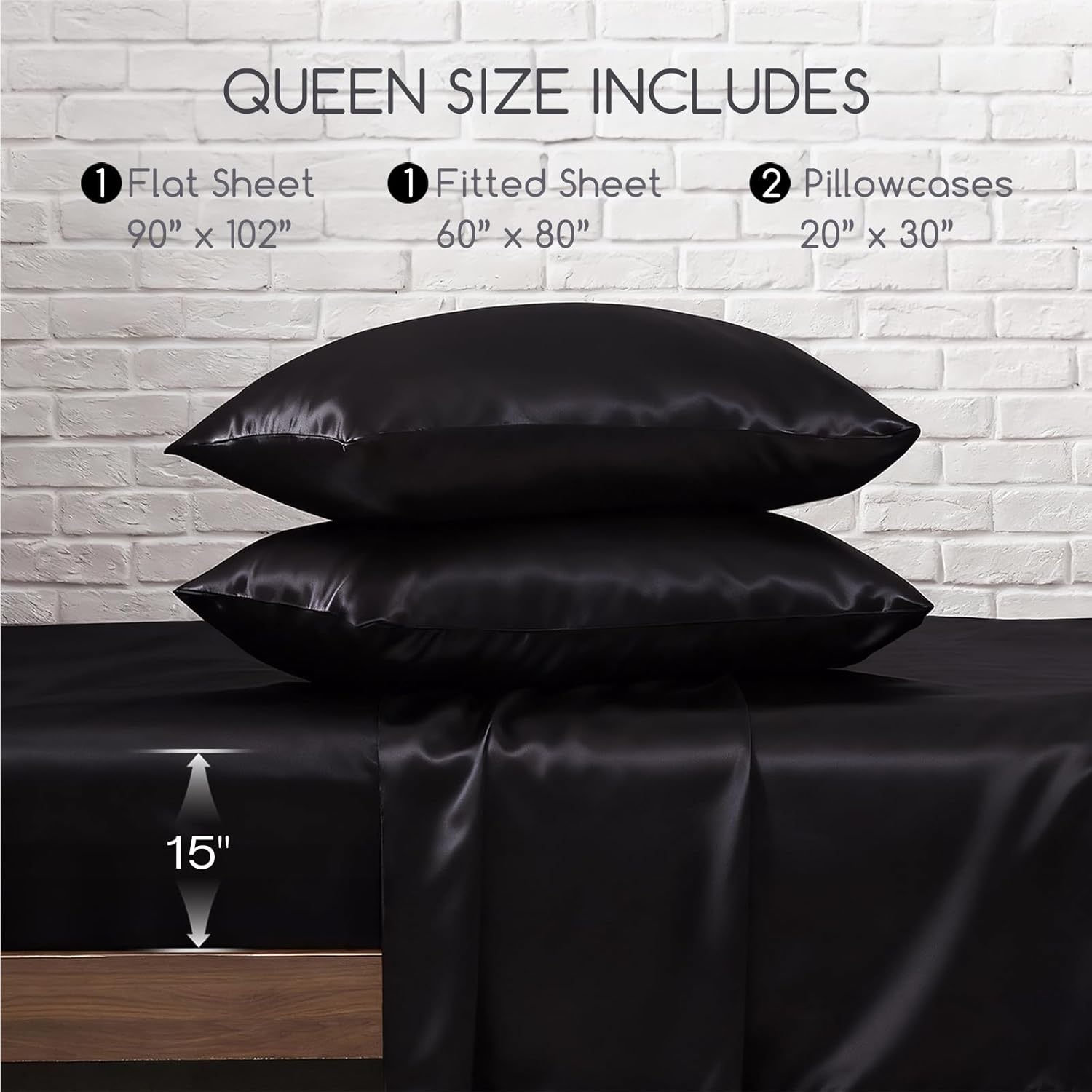 Thumbnail 6 de MR&HM Satin Bed Sheets Queen Size Set (4-Piece) with 15-Inch Deep Pocket, Black
