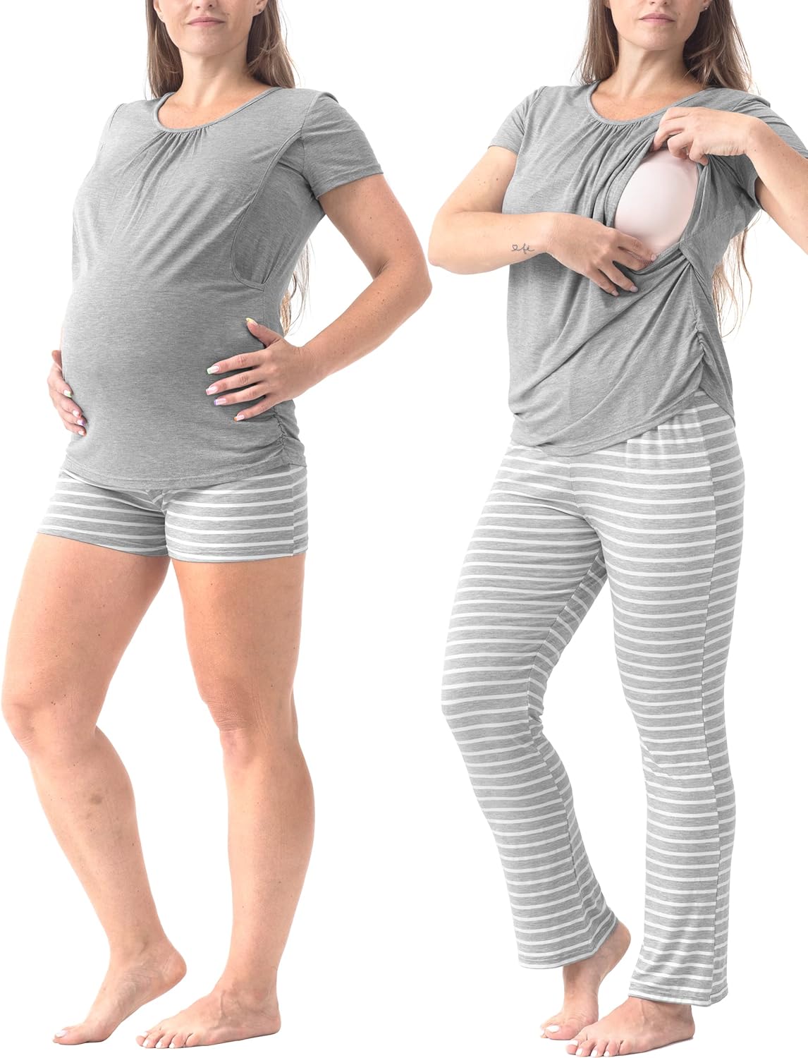Thumbnail 3 de SUNNYBUY 3-teiliges Stillpyjama-Set für Damen – Kurzarm-Stillshirts, Umstandsshorts und Bauch-Hose