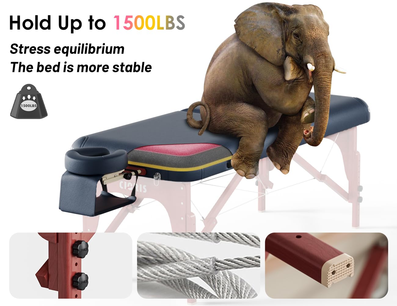 Thumbnail 4 de CLORIS 84" Luxury Massage Table: Portable 2-Fold, Height Adjustable Beech Wood Spa Bed