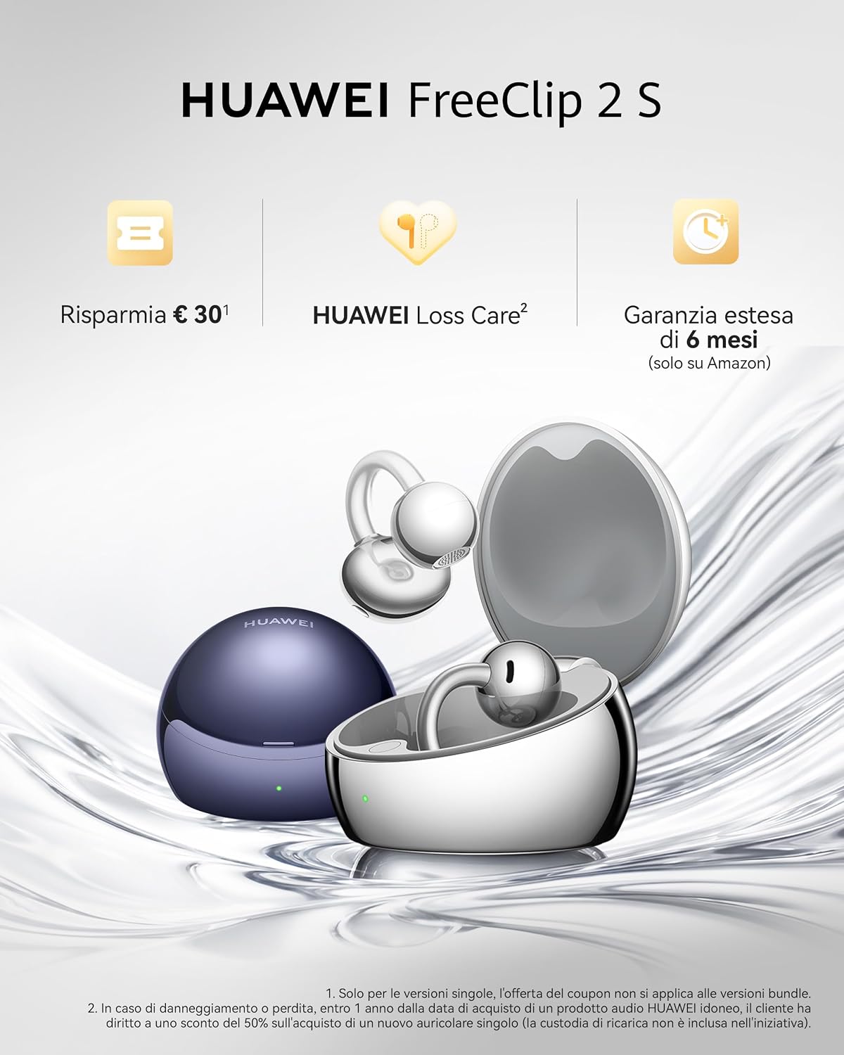 Detalle de HUAWEI FreeClip 2 S Argento — Auricolari wireless open-ear leggeri e design comfort tutto il giorno