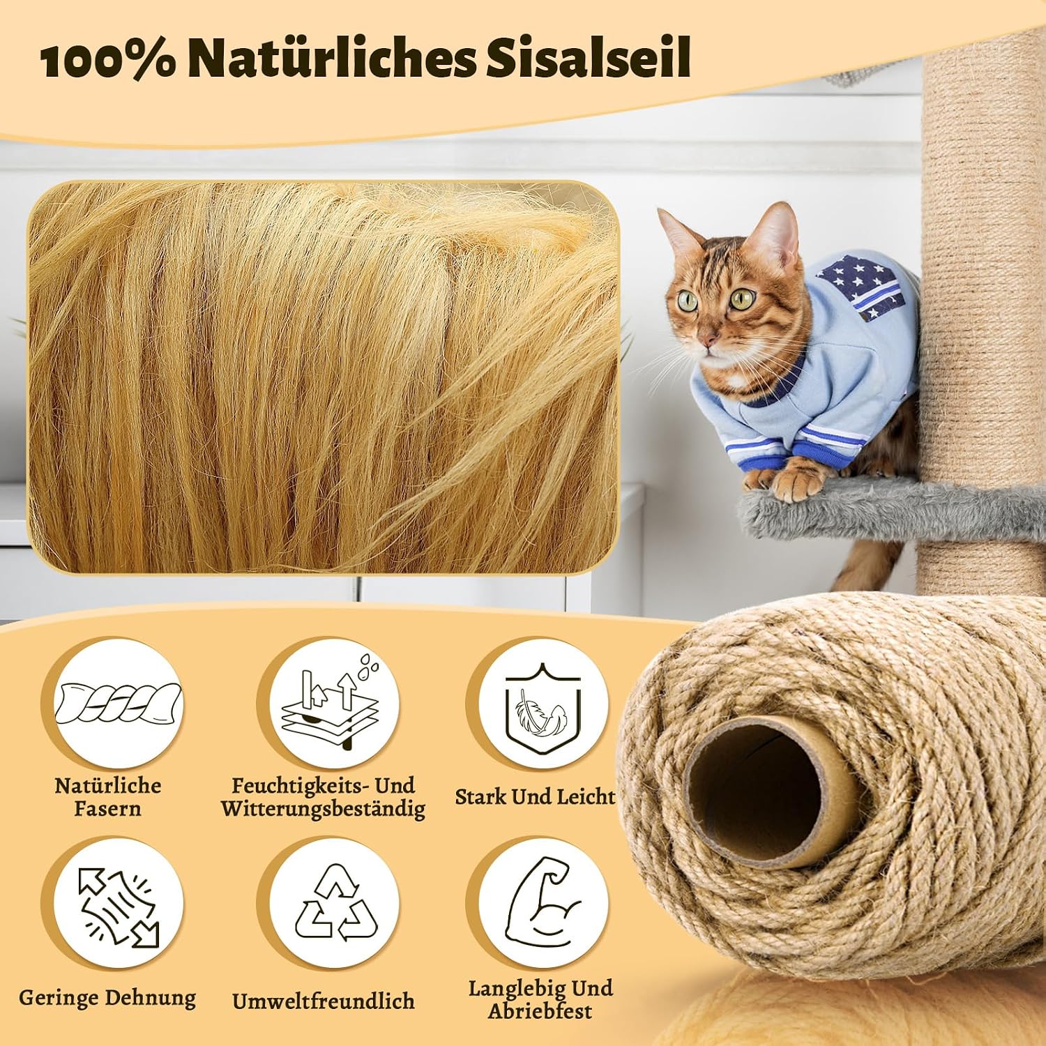Detalle 2 de Natur Sisalseil für Kratzbaum – 6 mm x 60 m Rolle für Ersatz, Basteln & Deko
