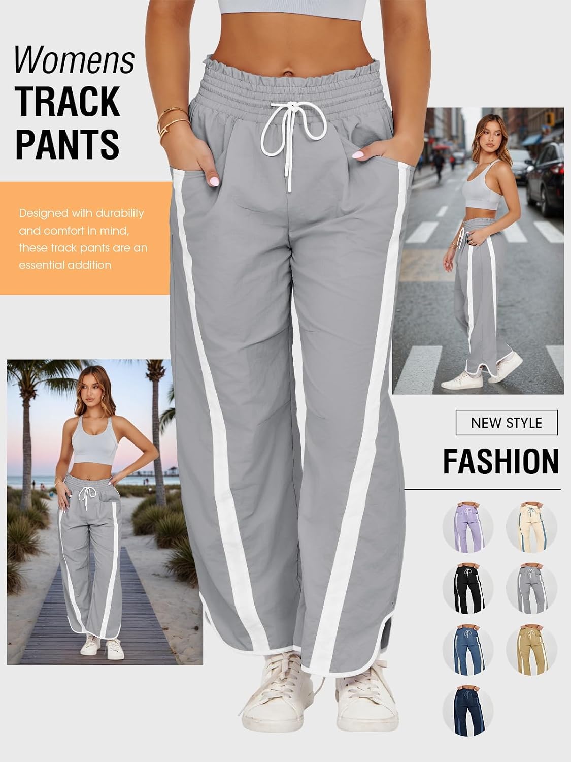 Thumbnail 4 de Fisoew Women's Baggy Wide Leg Pants with Drawstring Elastic Waist and Contrast Color Accents