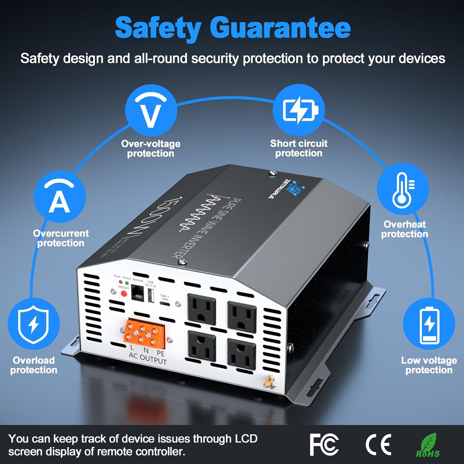 Thumbnail 4 de 1500W Pure Sine Wave Inverter 12V DC to 110V/120V AC with LCD Remote and 4 Outlets