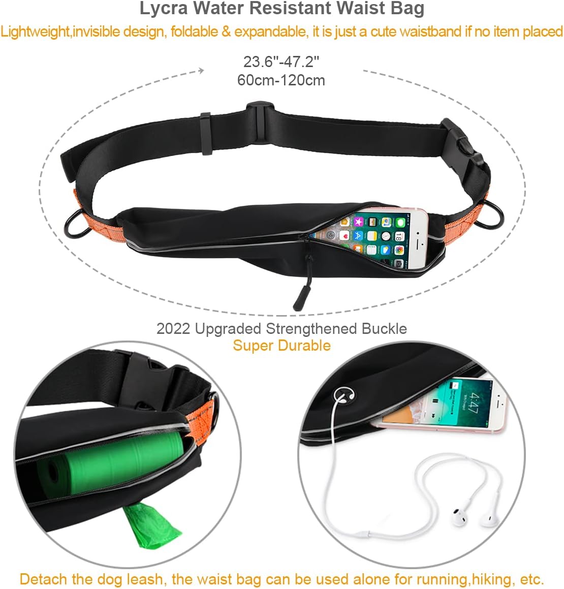 Detalle de Philorn Hands Free Dog Lead with Phone Pouch: Extendable 47"–67", Dual Handle, Reflective & Waist Pack