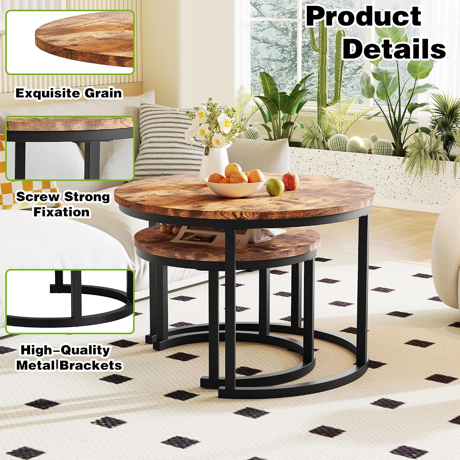 Thumbnail 6 de HOMERECOMMEND SB-120 ronde nesting-salontafelset met zwart metalen frame