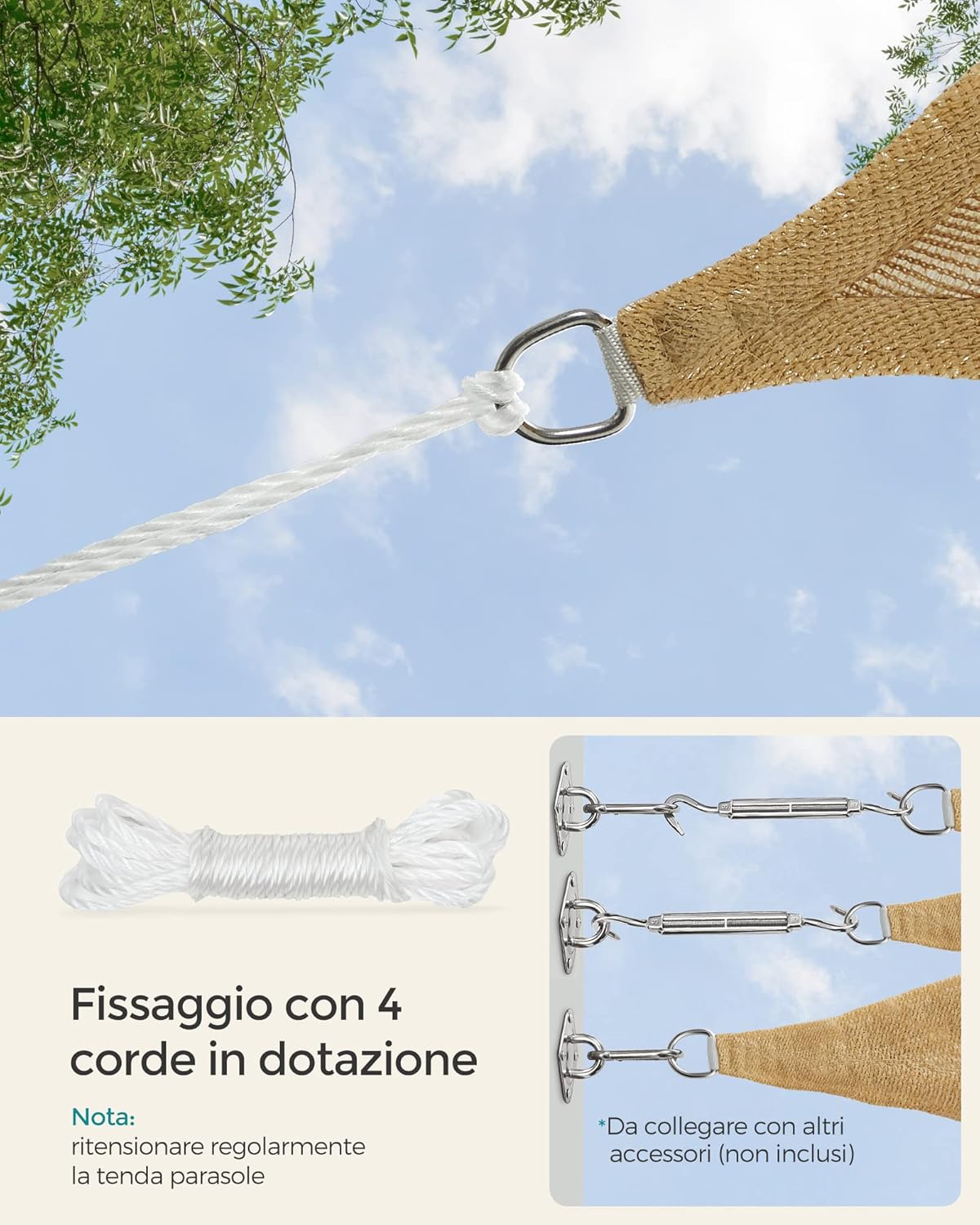 Thumbnail 6 de SONGMICS Vela parasole 3 x 5 m in tessuto HDPE Giallo Sabbia GSS35EYV1