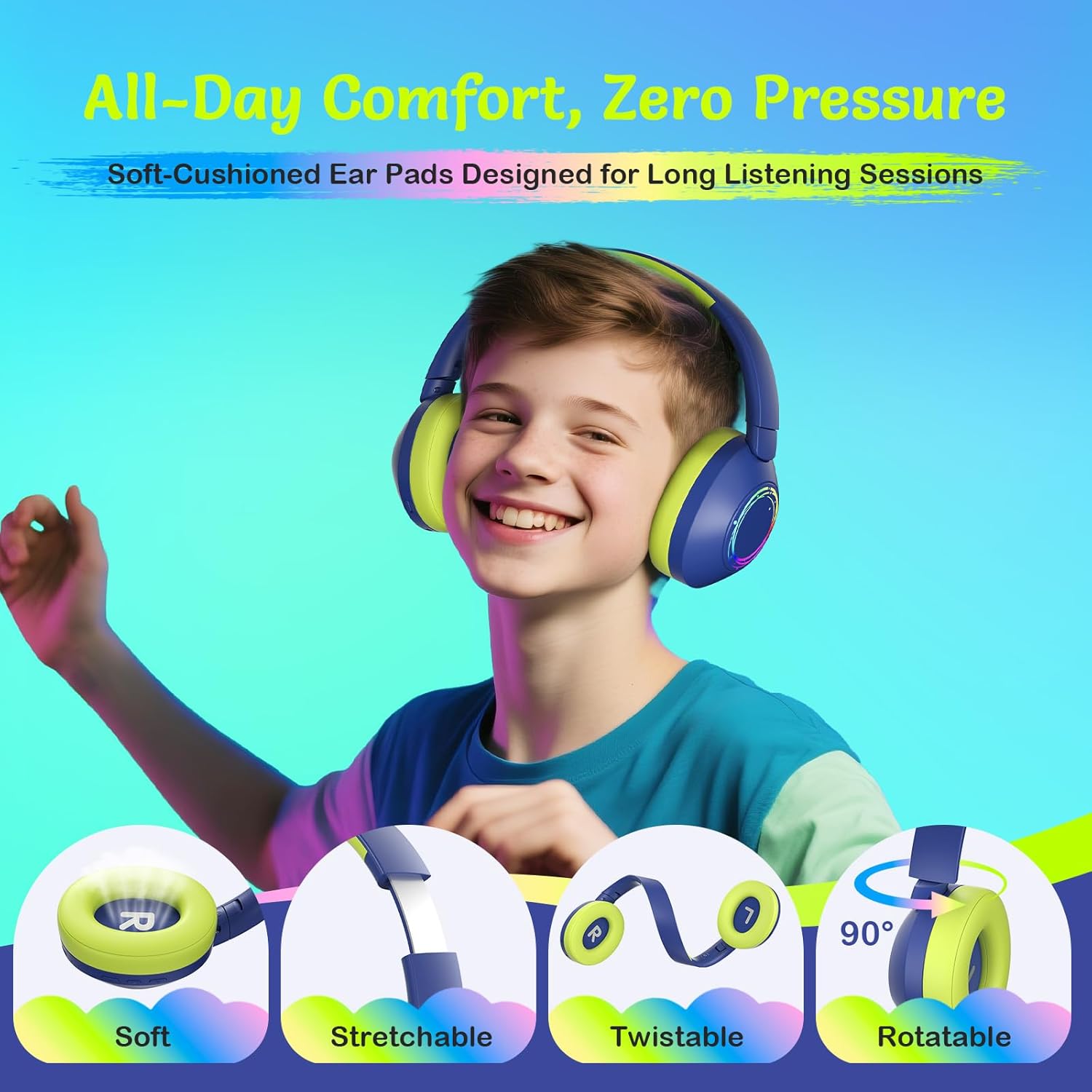 Thumbnail 3 de TONOSHARK Noise Cancelling Headphones for Kids (Blue) – RGB Lights, 60H Playtime, Bluetooth 5.4