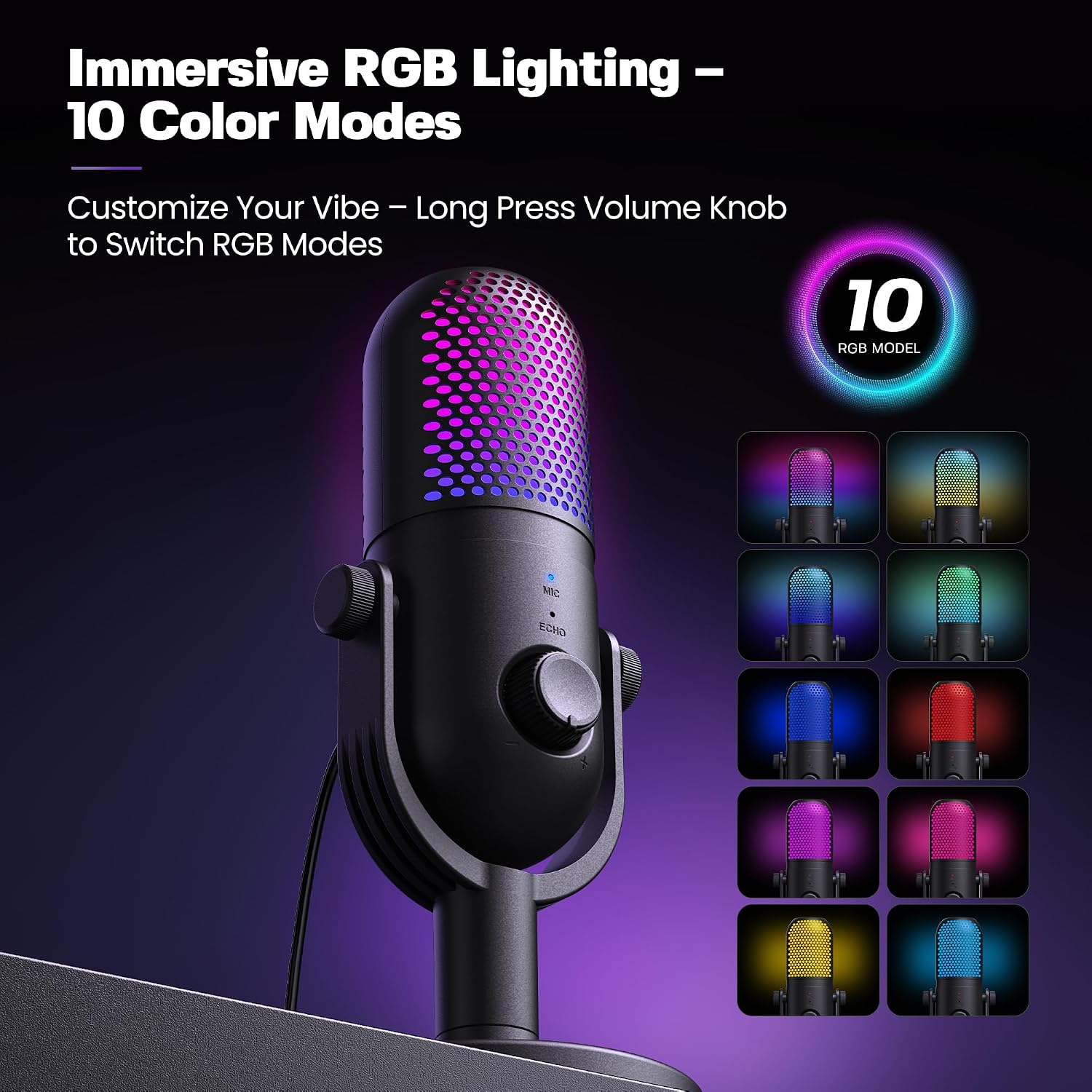 Detalle de GUEVWES USB Condenser Microphone for PC Gaming – RGB with Stand