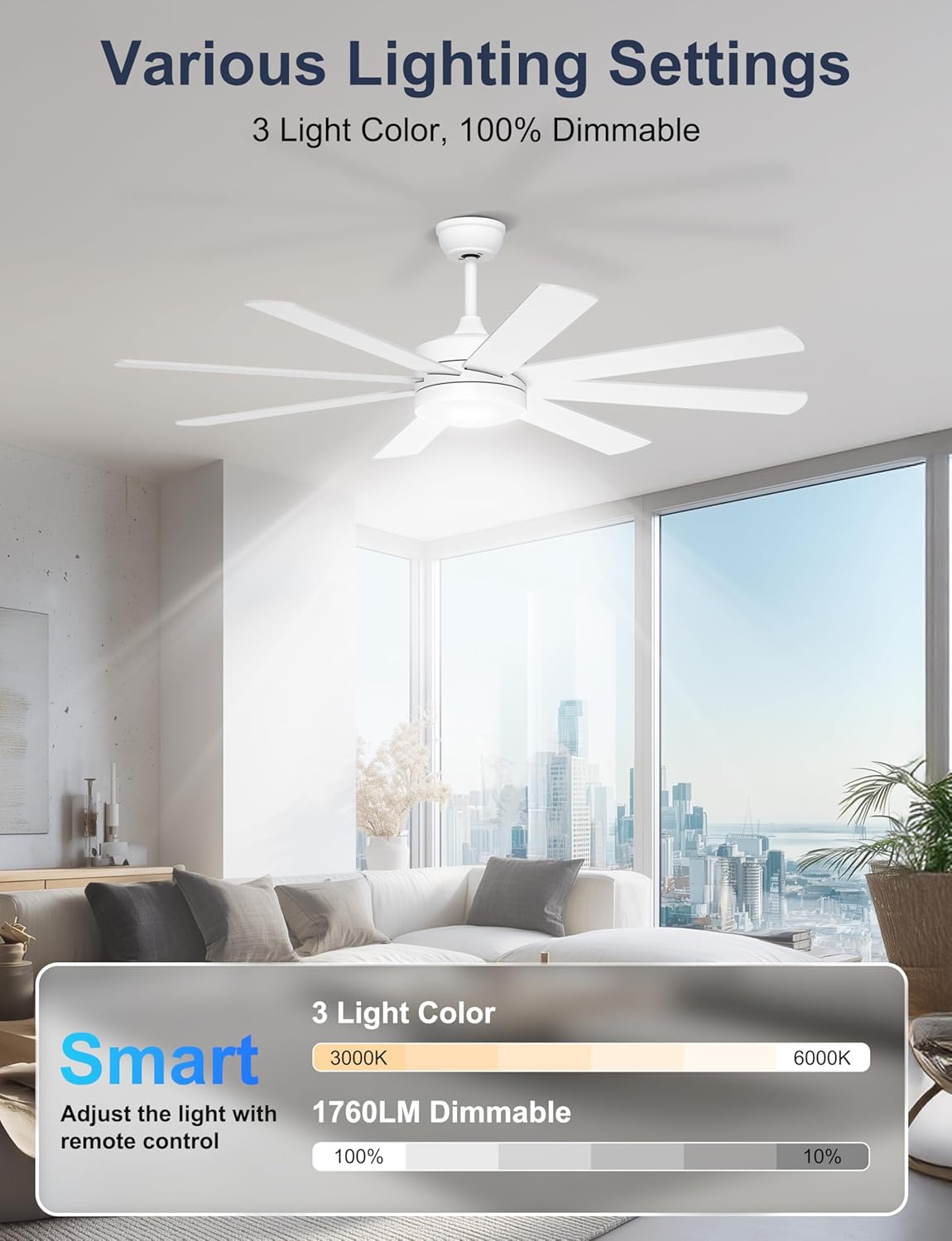 Detalle de Ohniyou Ventilatore da Soffitto 152 cm con Luce: silenzioso, reversibile e controllabile via telecomando/app