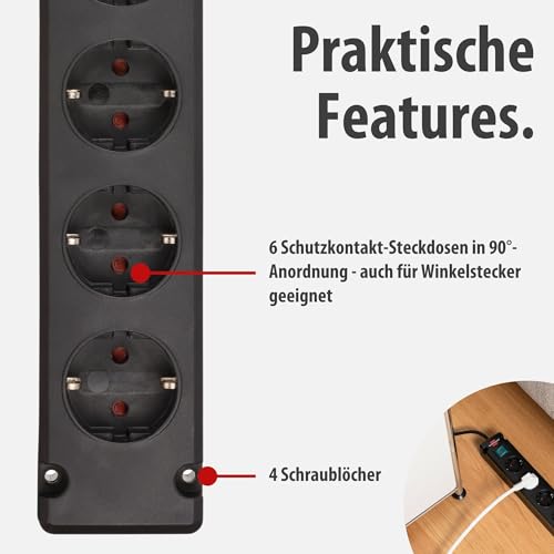 Detalle de Brennenstuhl Bremounta 6-Fach-Steckdosenleiste mit Schalter – sichere Wandmontage