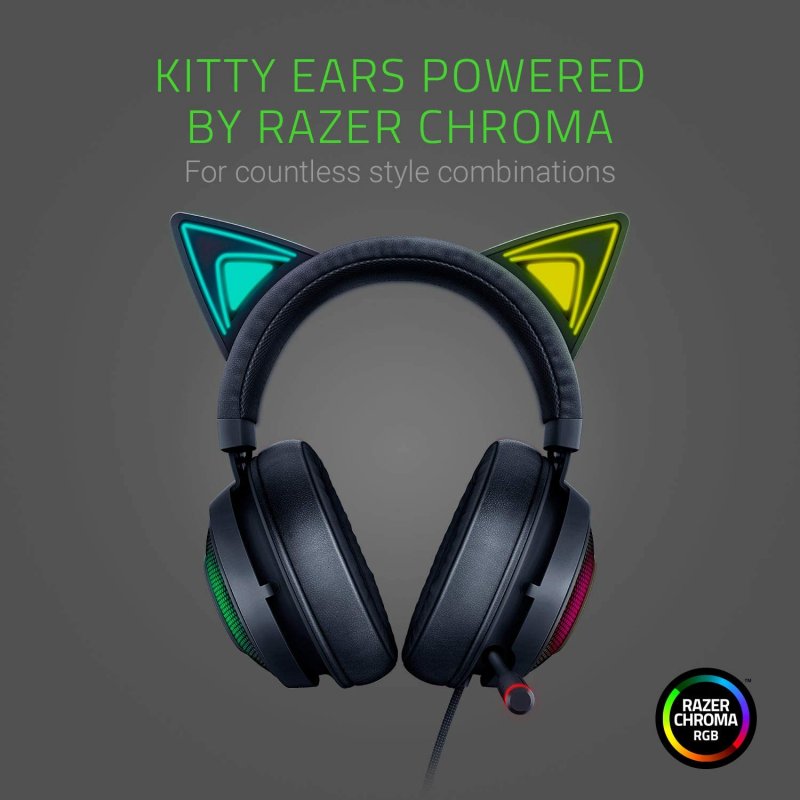 Detalle 2 de Razer Kraken Kitty Edition: Auriculares Gaming Negros con iluminación RGB y orejas de gato