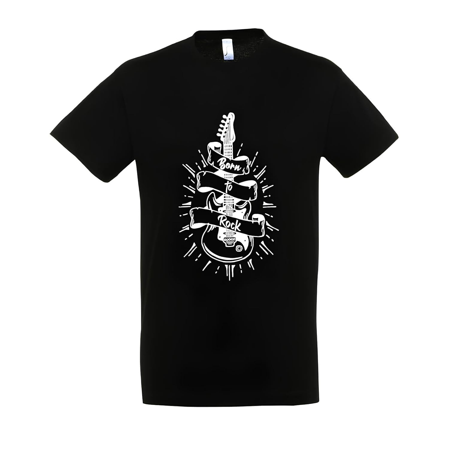 Detalle de T-shirt in cotone “Born to Rock” con stampa, con bottoncini sulla spalla (bambino, nero, 6m-18m e adulti)