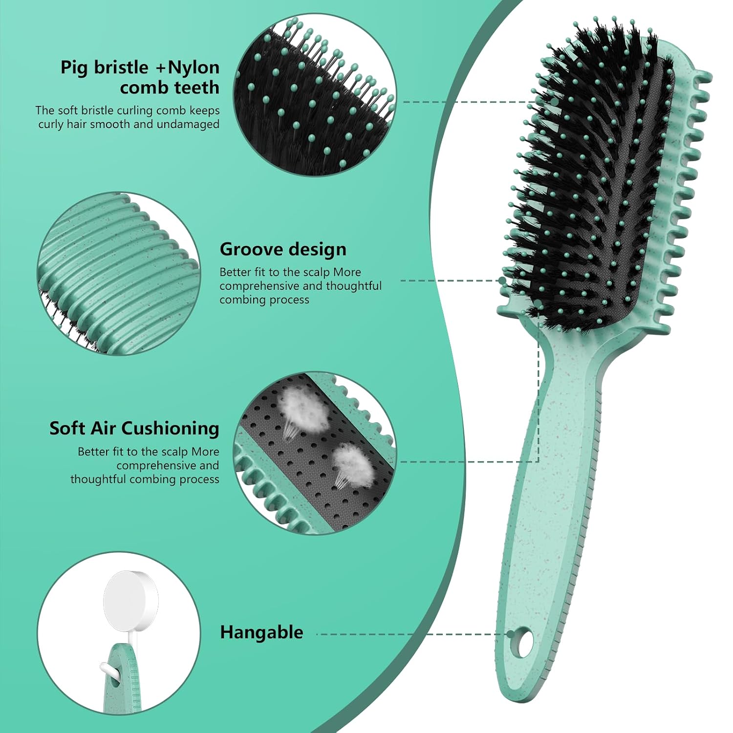 Detalle de Curl Defining Brush (4-Piece Set) for Curly Hair, Slick Backs, and Combing/Styling in Green