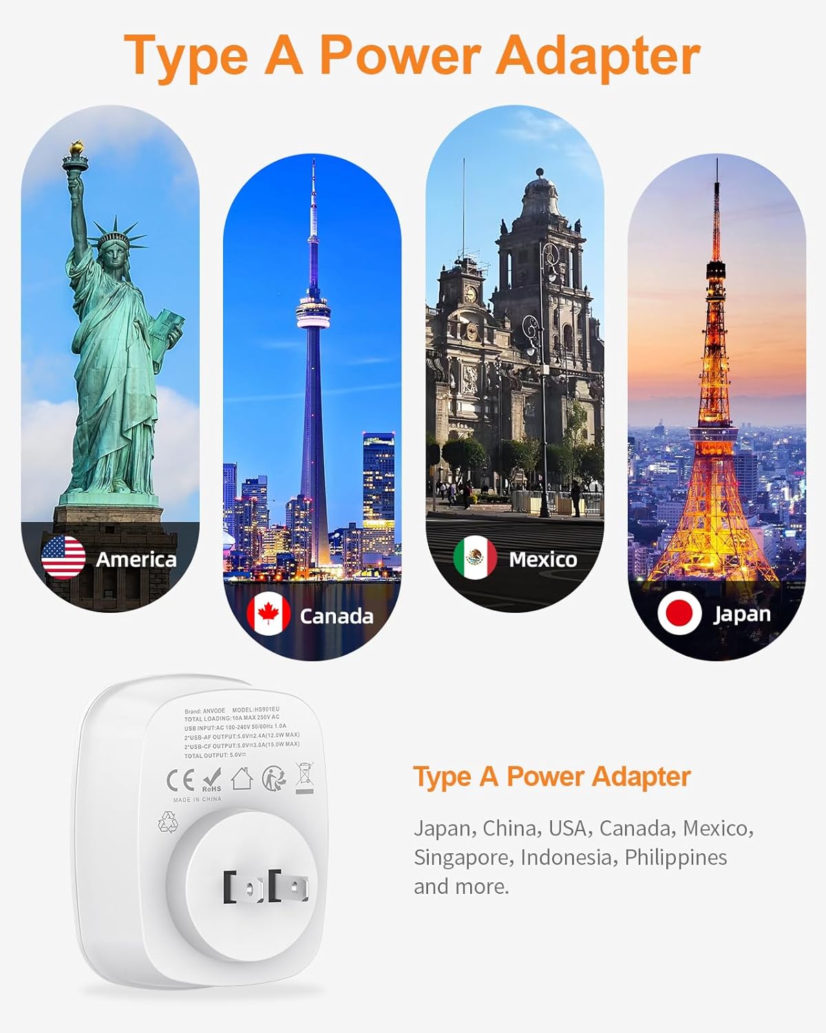 Thumbnail 1 de Japan-Reisestecker Steckeradapter Typ A mit 2× USB-C und 2× USB-A (5-in-1) für Japan, USA, Thailand, China, Kanada & mehr