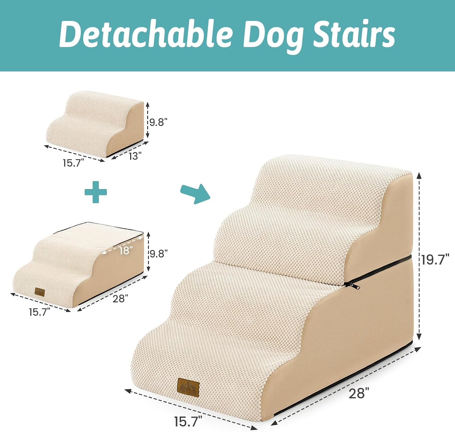 Detalle de COZY KISS Breiter Hundetreppe für Kleine Hunde – 4 Stufen, Beige, 40x72x50 cm
