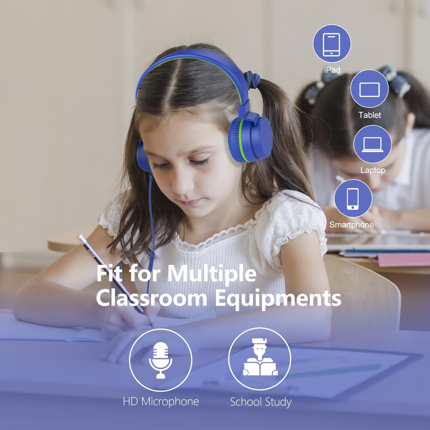 Thumbnail 6 de YOYOTUNE Kids On-Ear Wired Headphones with Mic – 85/94 dB Volume Limiter, Foldable 3.5mm (Blue)