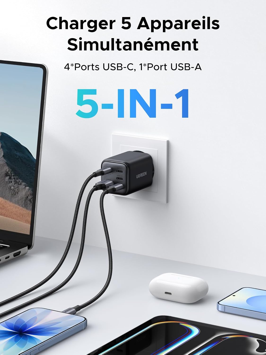 Detalle de UGREEN Zapix 45W Chargeur USB-C 5 ports