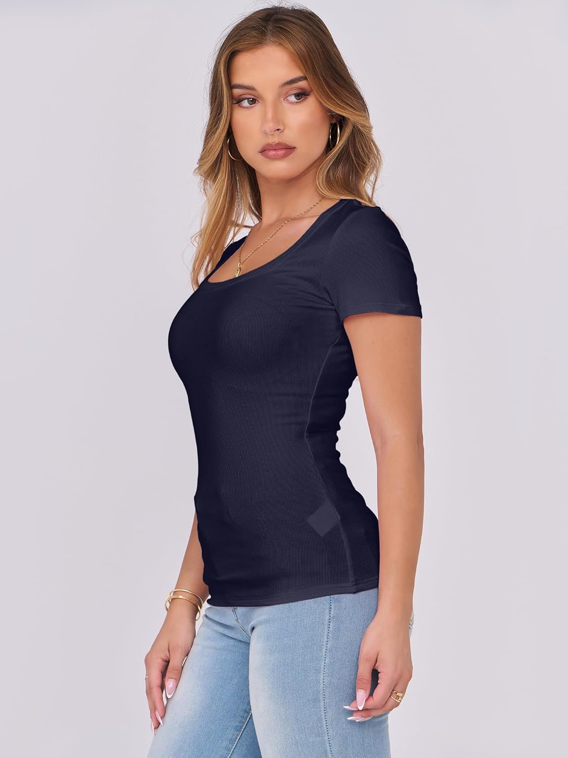 Thumbnail 4 de ANRABESS Women’s Ribbed Scoop Neck Slim Fit Basic Tee (Short Sleeve)