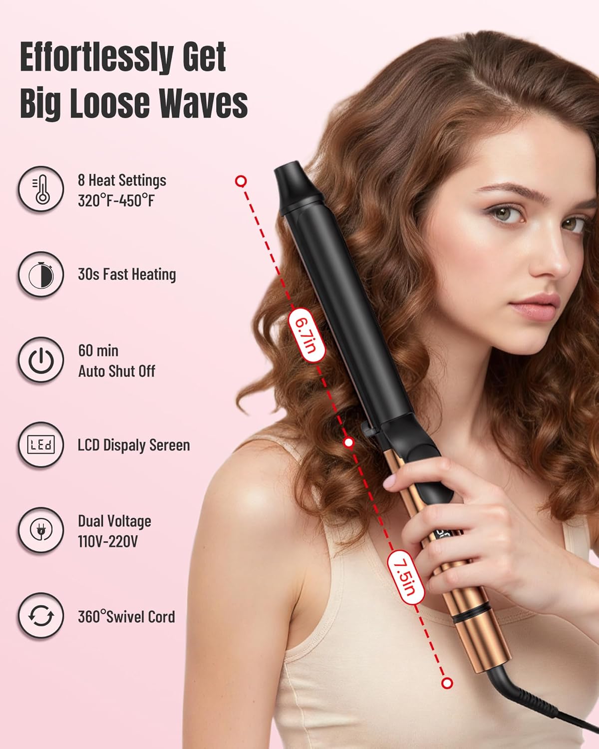 Detalle de MESCOMB 1 Inch Curling Iron for Long Hair with 6.7" Extra Long Barrel