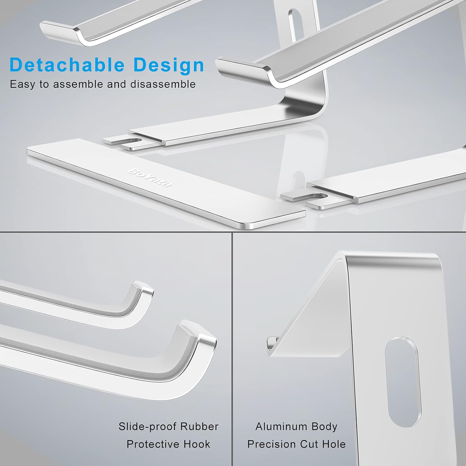 Detalle de BoYata aluminium portable ventilated laptop stand (Silver) for 10–14 inch laptops