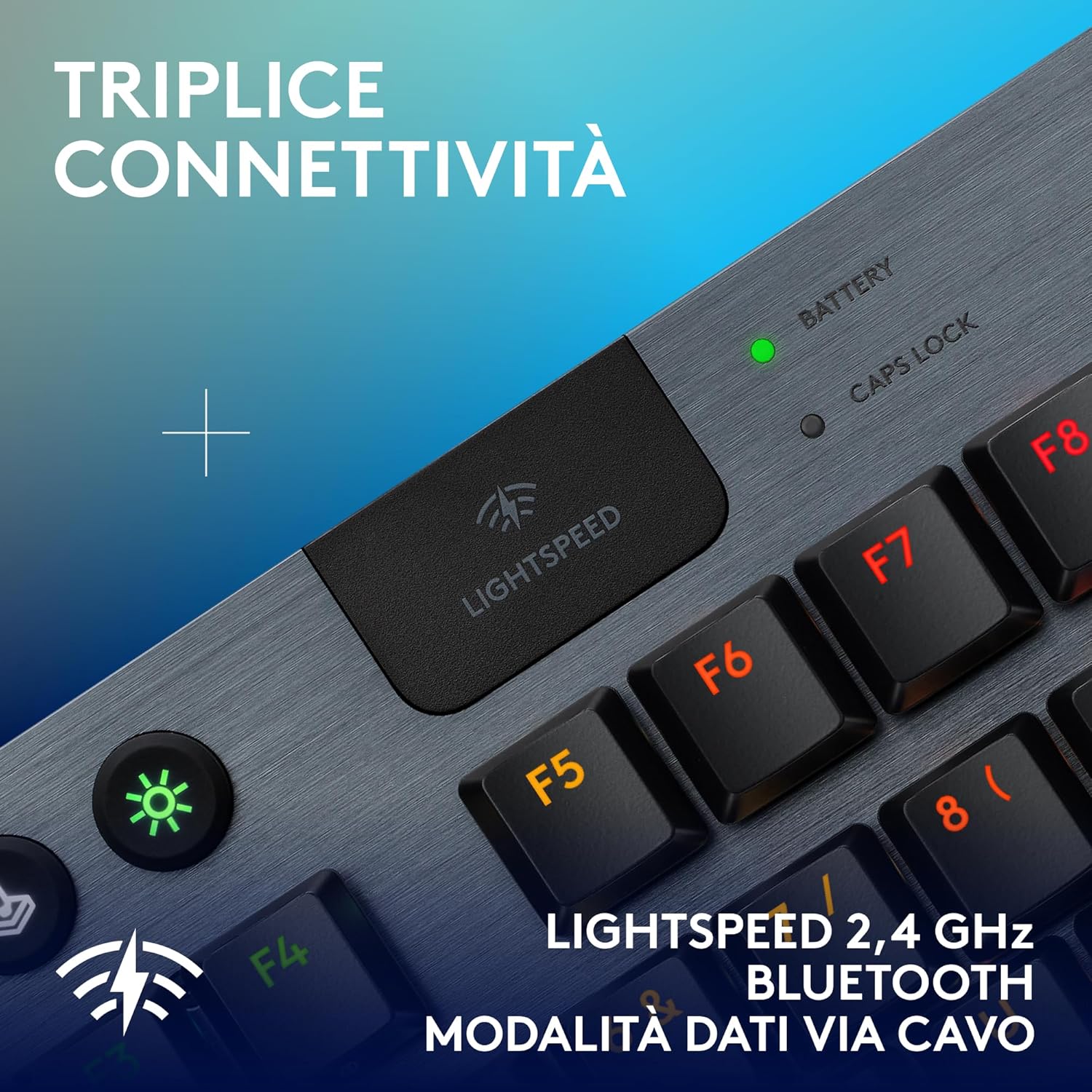 Detalle de Logitech G G915 X LIGHTSPEED TKL: tastiera gaming wireless ultrapiatta con switch GL Brown e copritasti PBT