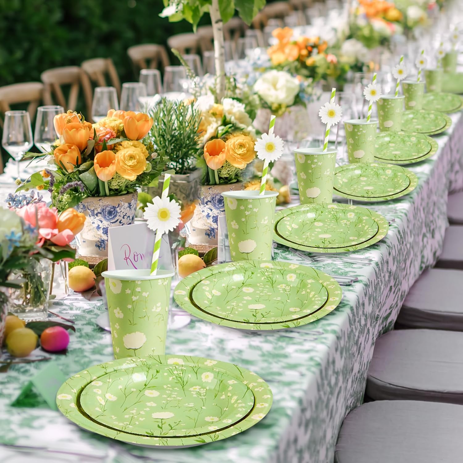 Detalle de SUNBEAUTY 80PCS Green Daisy Paper Plates and Napkins Set
