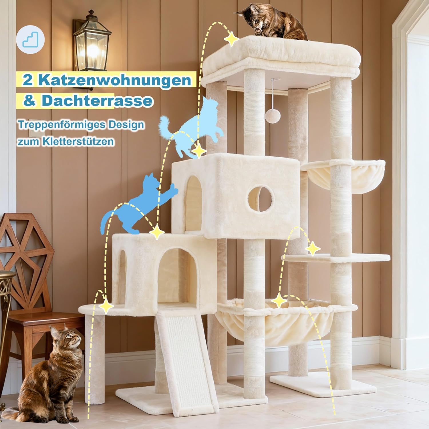 Thumbnail 2 de Hey-brother Kratzbaum mit Plattformen & Treppenstruktur, 127 cm – 2 Höhlen, große Hängematte, Sisal