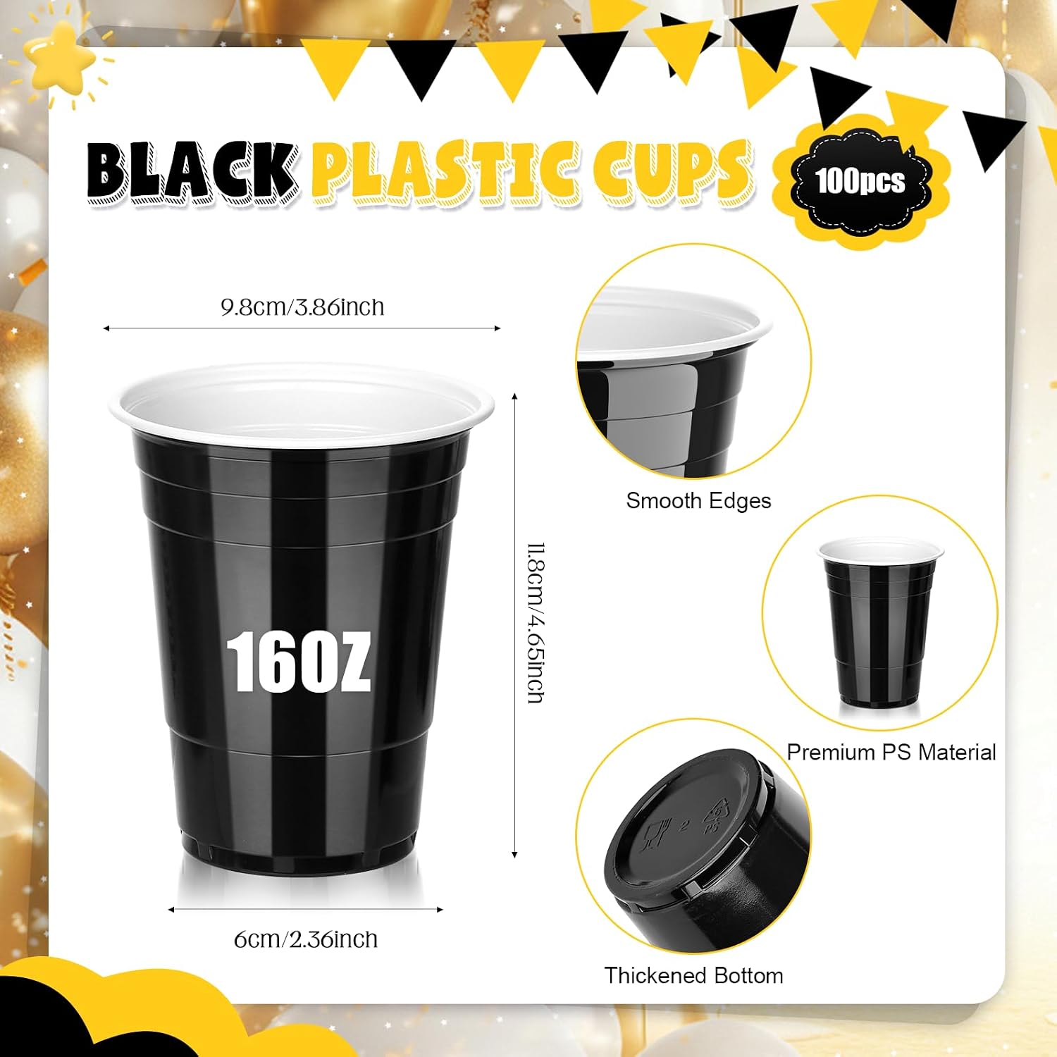 Detalle 2 de DI QIU REN 16 oz Black Plastic Cups, 100-Pack, Stackable with Fill Lines