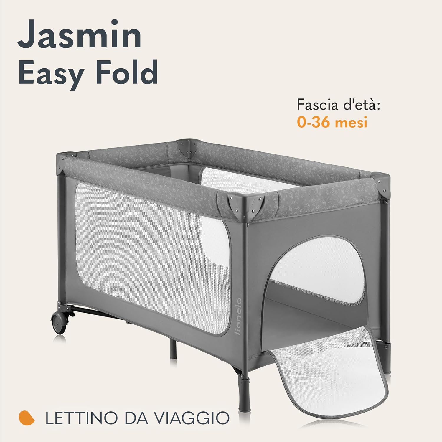 Detalle 2 de Lionelo JASMIN Premium Lettino da Viaggio per Bambini 0‑36 Mesi con Materasso T25, Easy Fold e Ruote