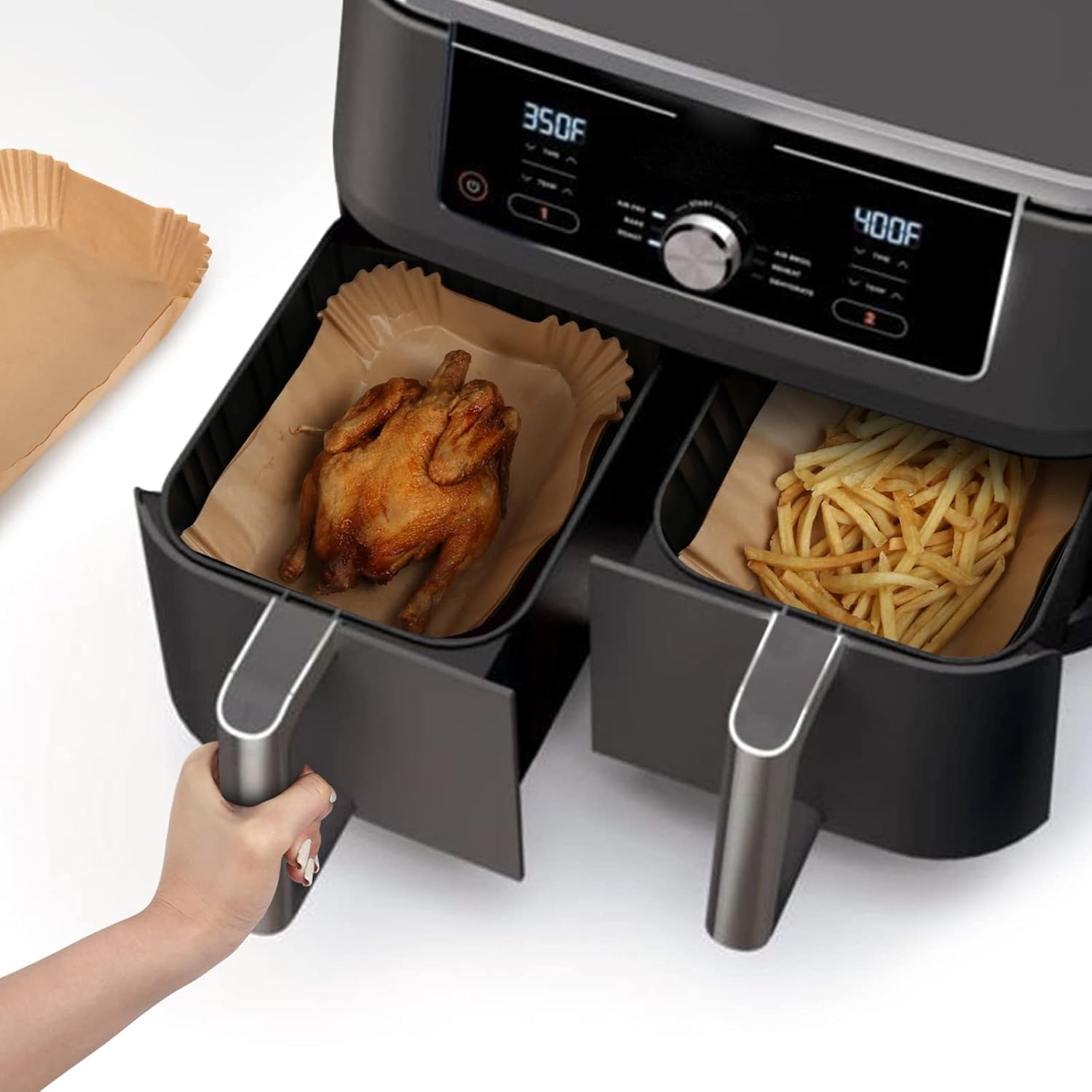 Detalle de 300PCS Air Fryer Liners for Ninja Dual – Disposable Parchment Paper Liners for AF300UK / AF400UK / SL400UK and More