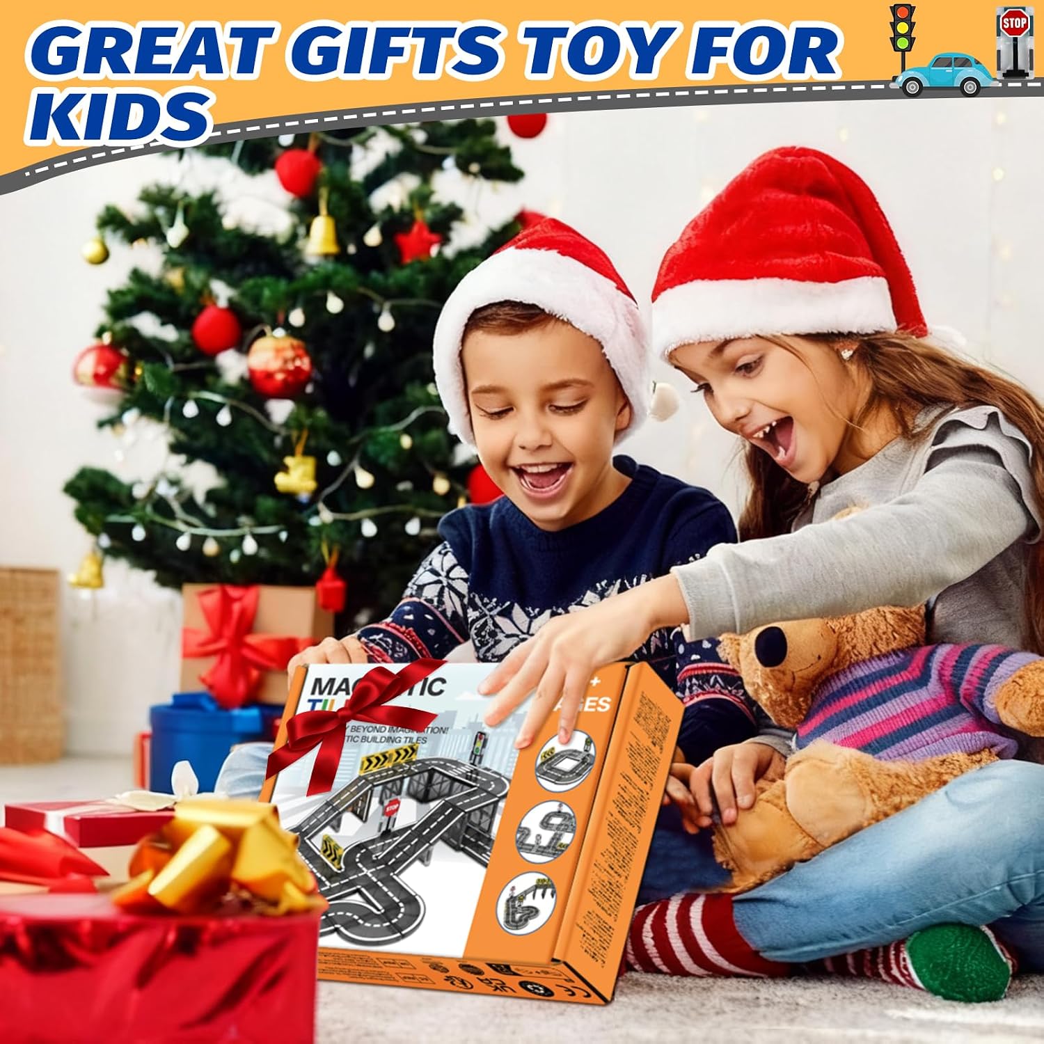 Thumbnail 5 de katietoy Magnetic Tiles Road Set for Kids (46 pcs) – magnetic road tiles and traffic signs for ages 3–8